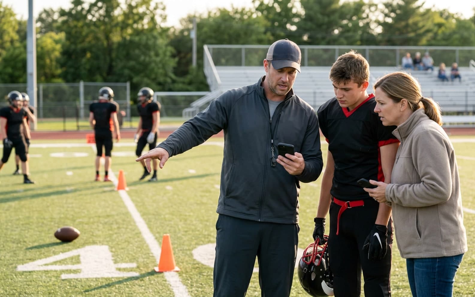 american football coach checking messages on the football field