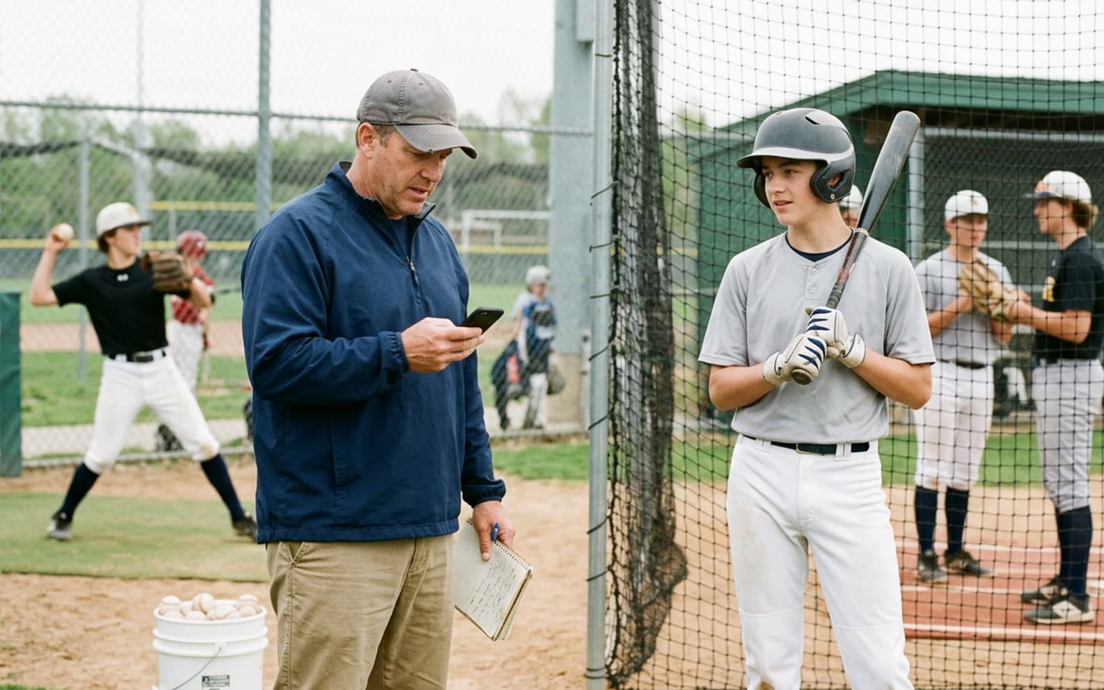 Baseball-Coach prüft Nachrichten am Baseball-Diamond