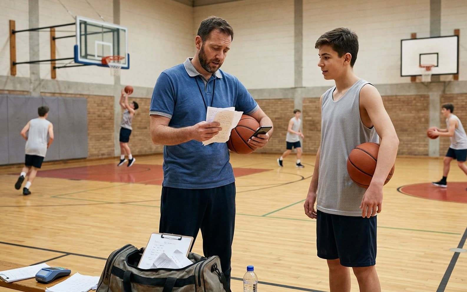 Basketball-Coach prüft Nachrichten in der Basketballhalle