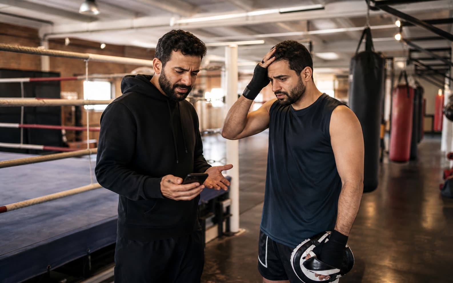 Boxing coach checking messages between pad-work rounds