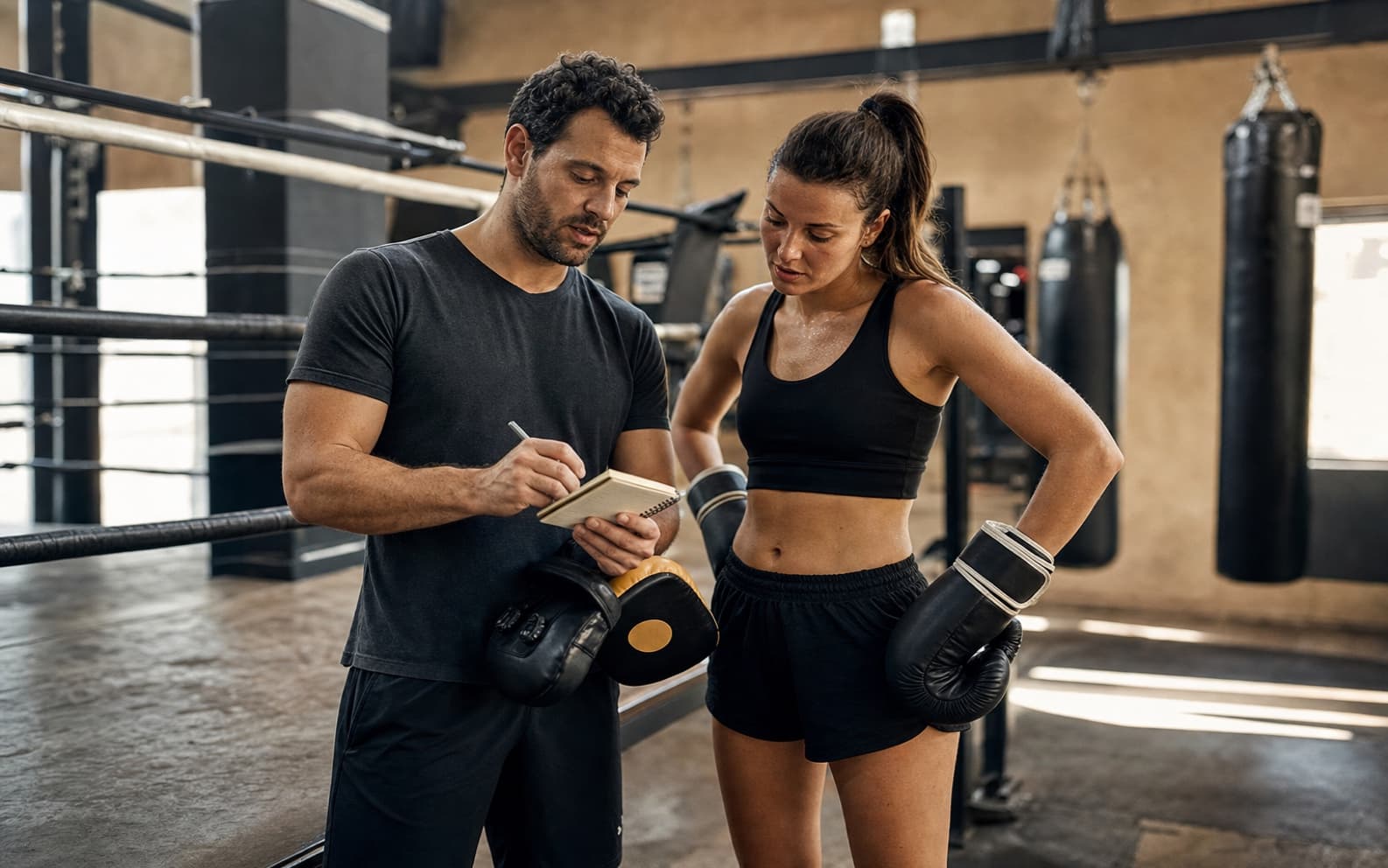 Boxing coach counting training sessions in a notebook