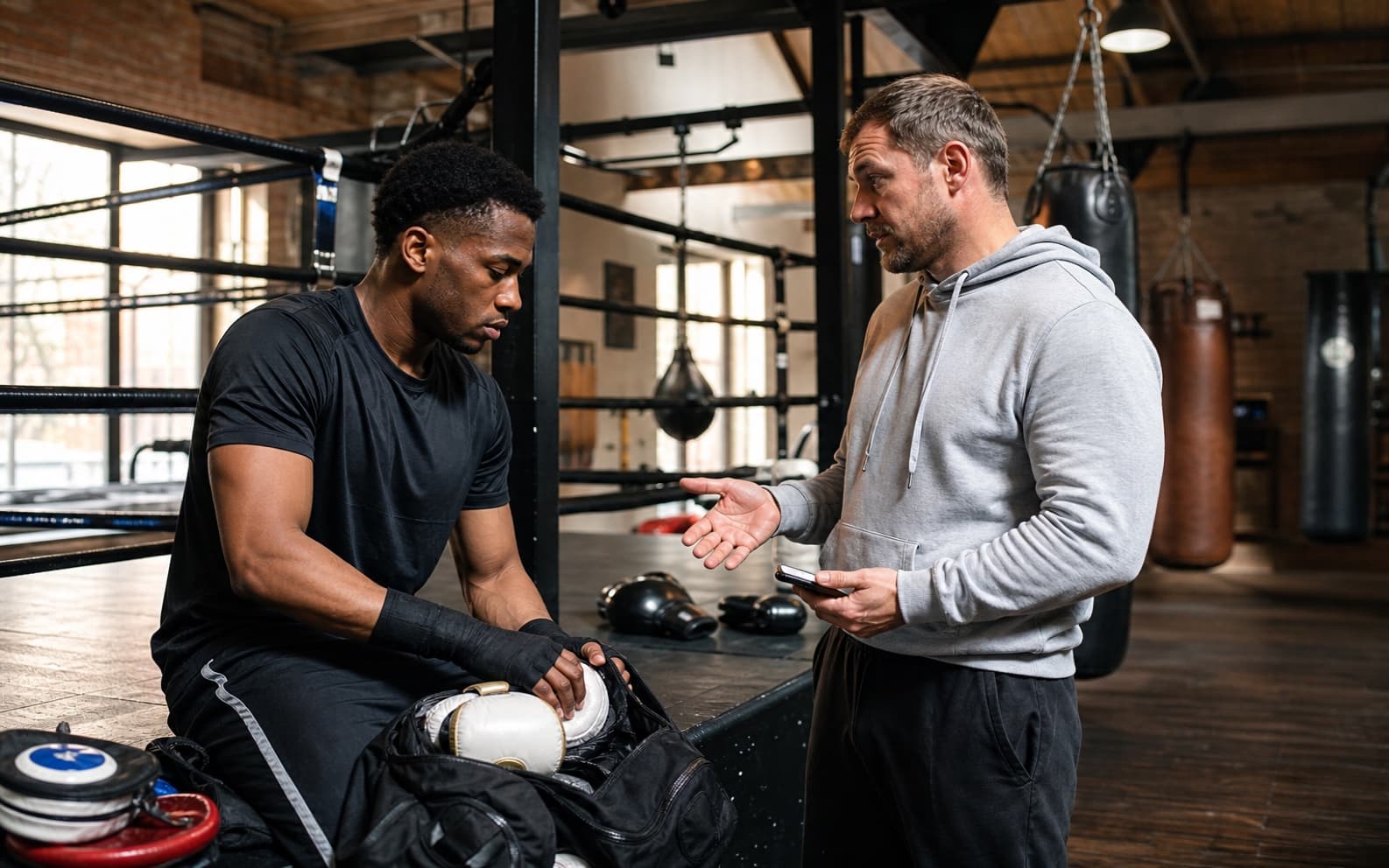 Boxing coach waiting on an open payment after training
