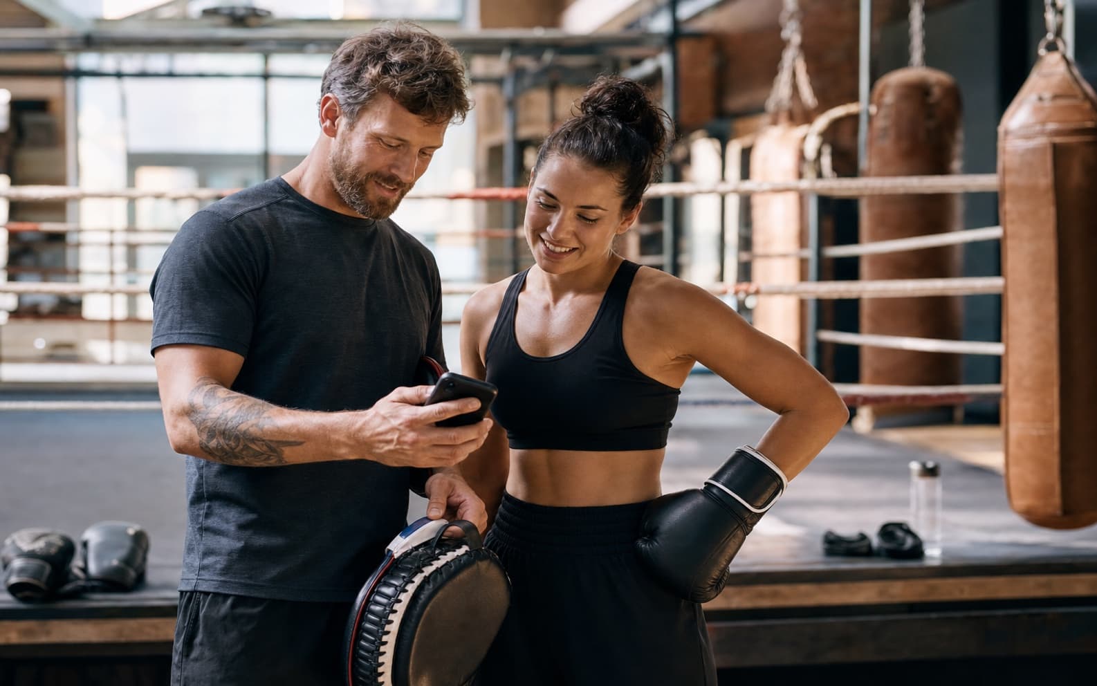 Boxing coach showing an athlete a bookable coach page