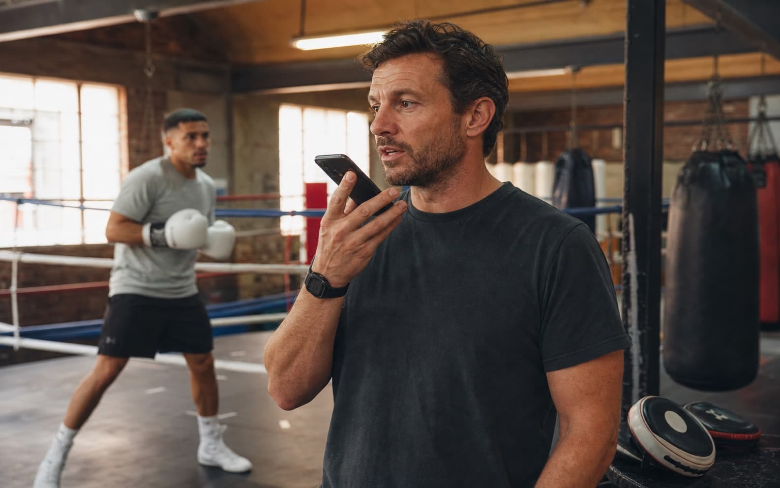 Boxing coach reviewing AI notes after training