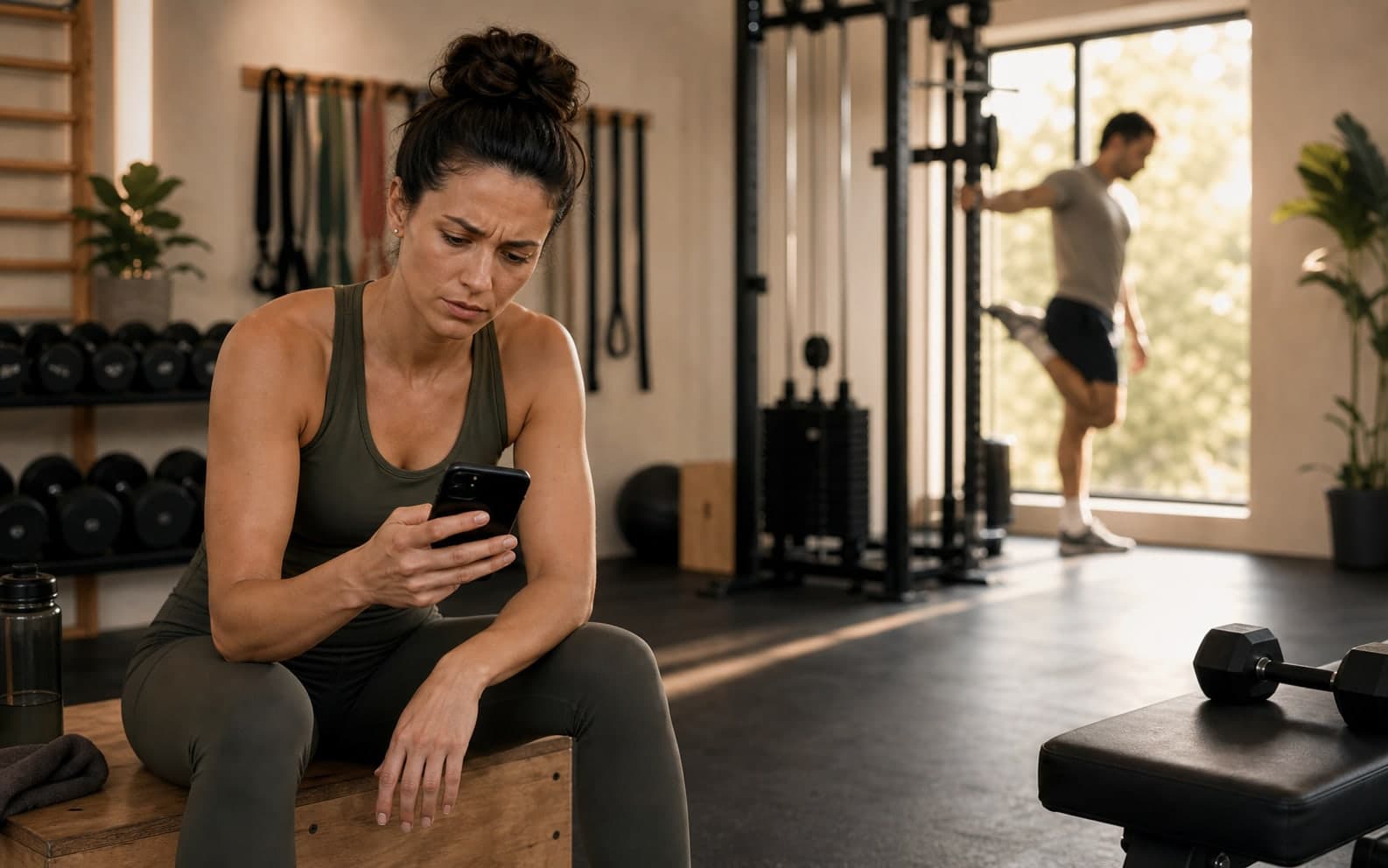 Personal Trainer prüft Nachrichten in einem privaten Gym