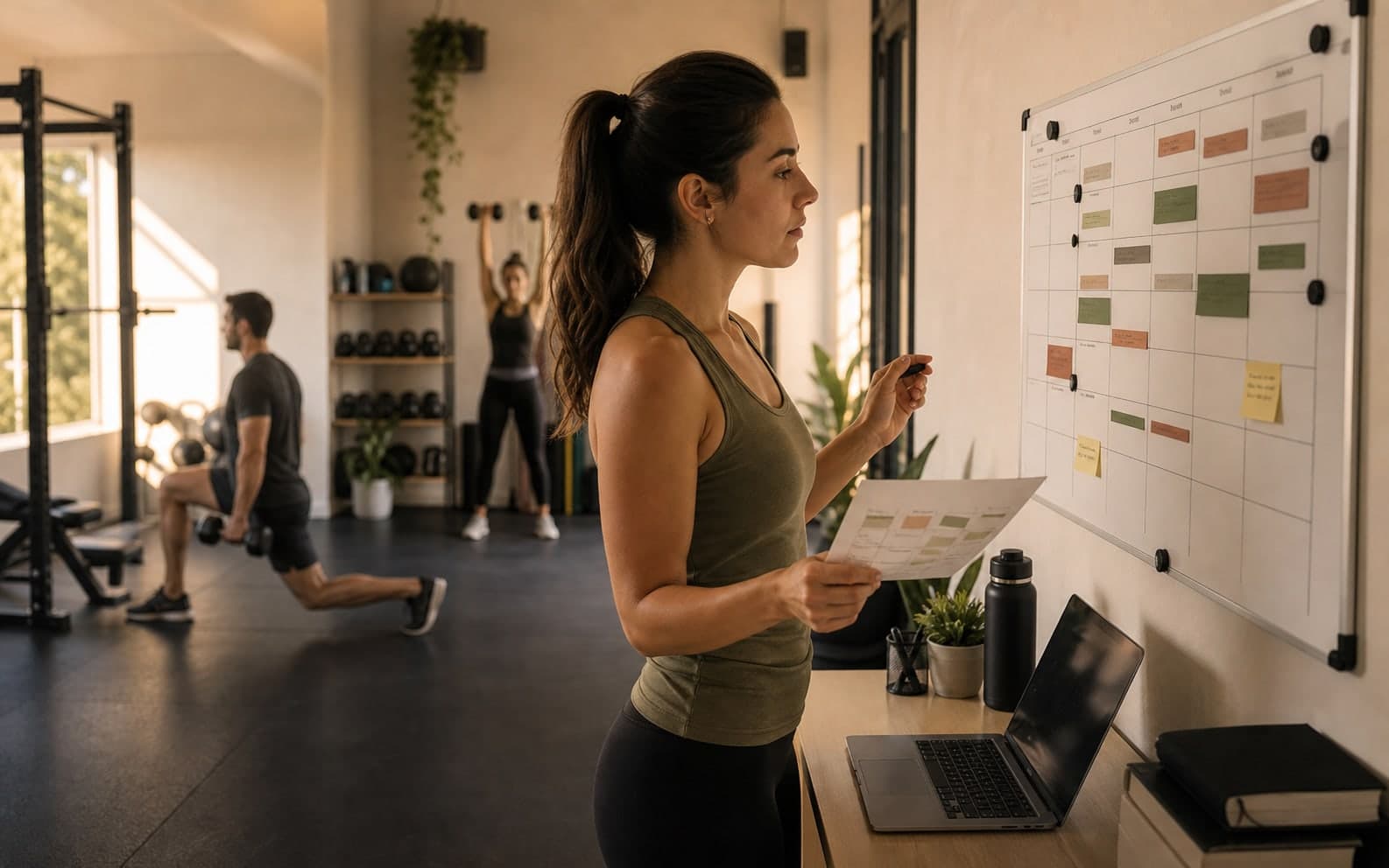 Personal Trainer prüft einen Kalenderkonflikt im Gym