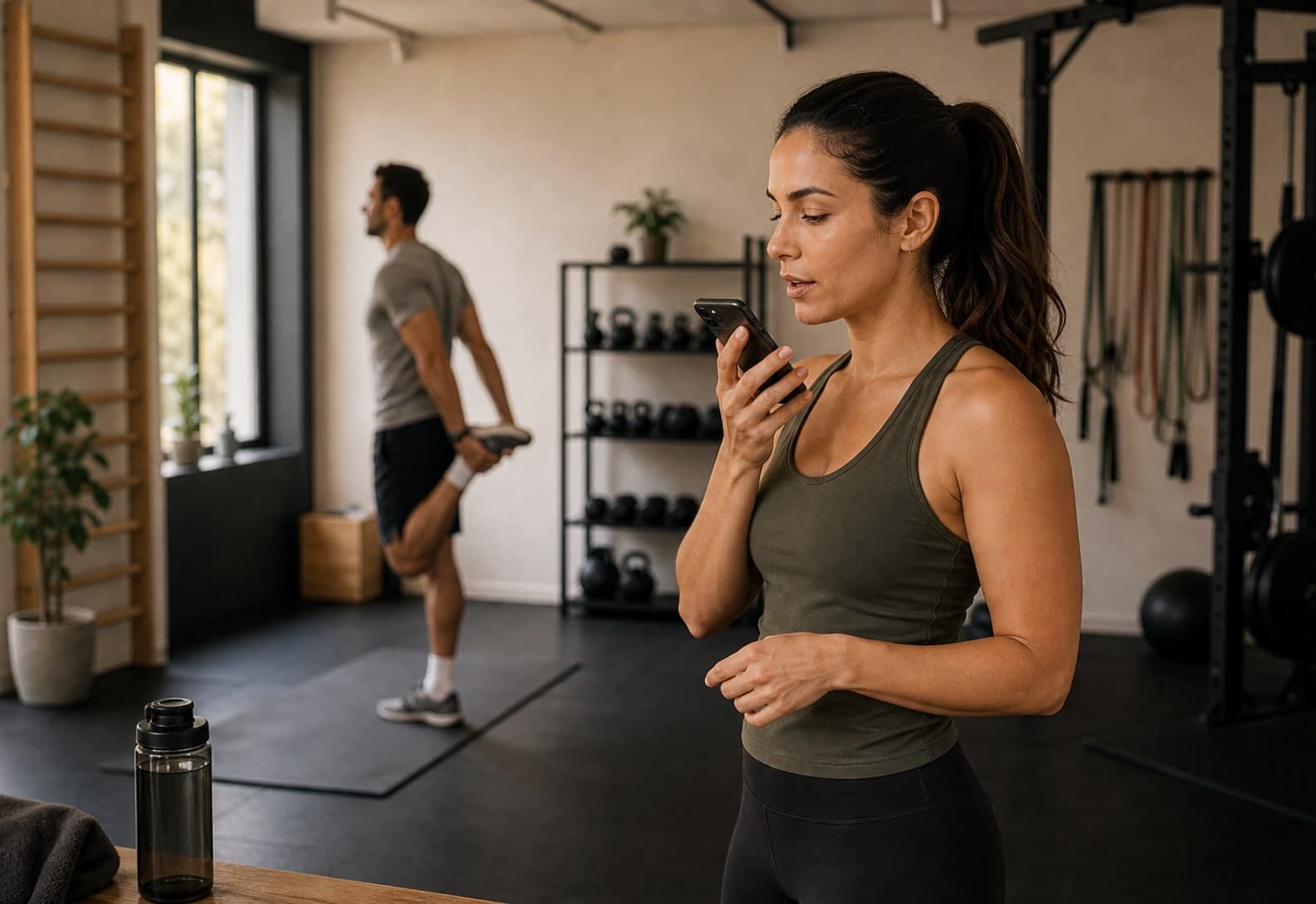 Personal Trainer diktiert nach einem Workout Session-Feedback ins Handy