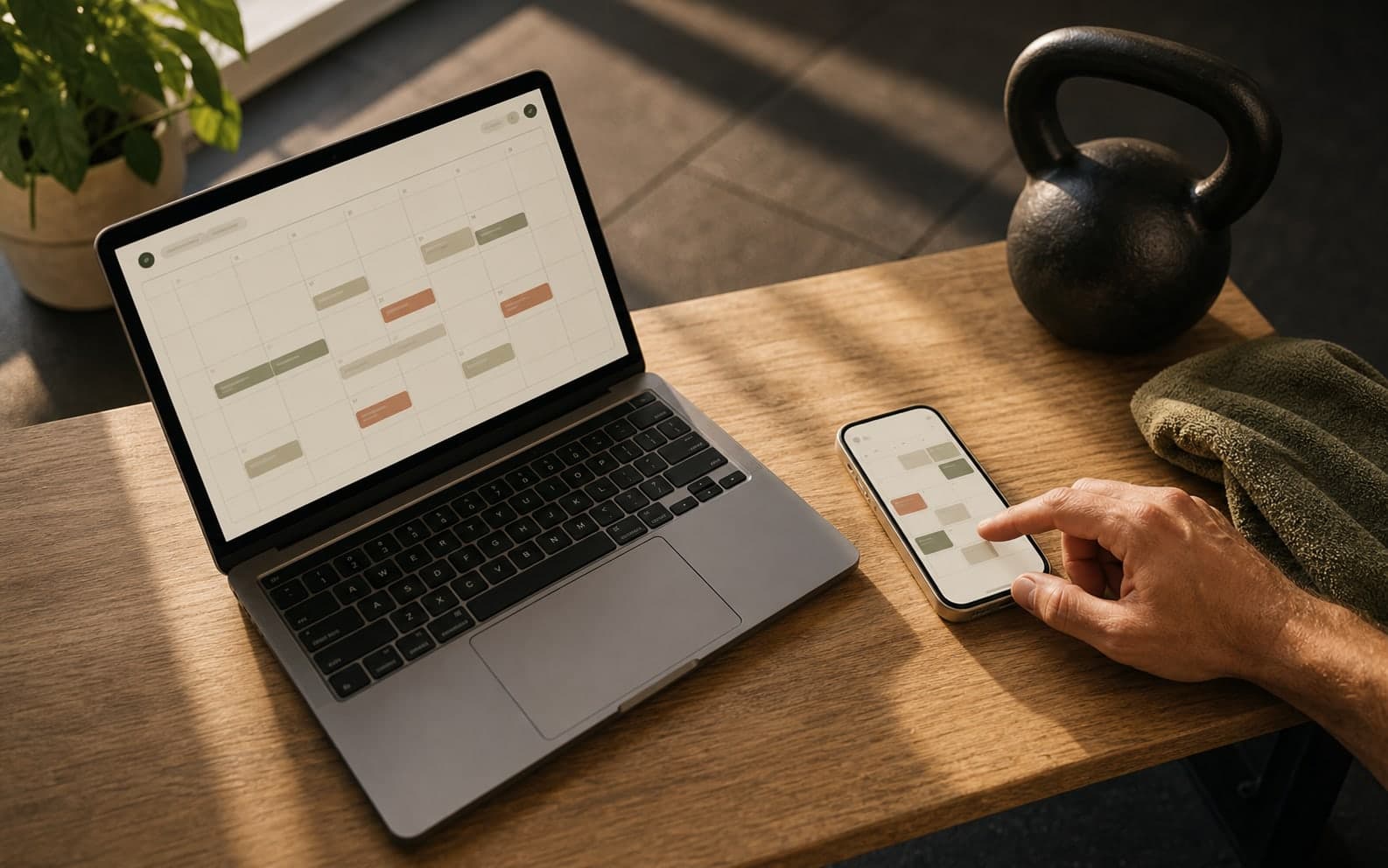 Personal Trainer prüft synchronisierte Kalenderverfügbarkeit