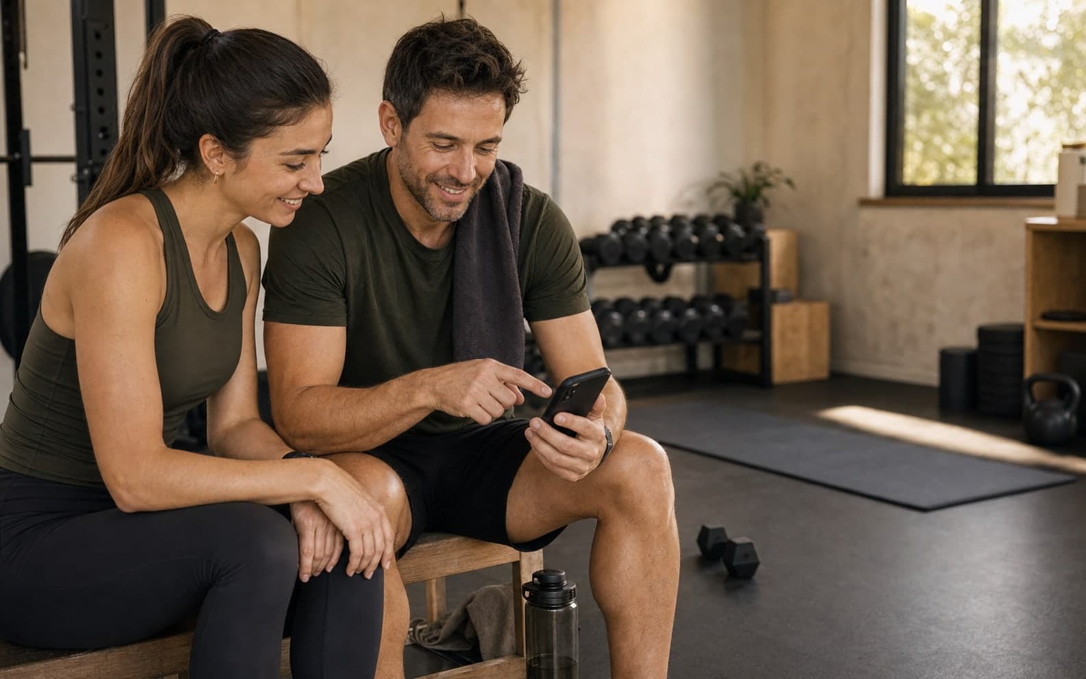 Personal Trainer in einem privaten Gym mit Handy