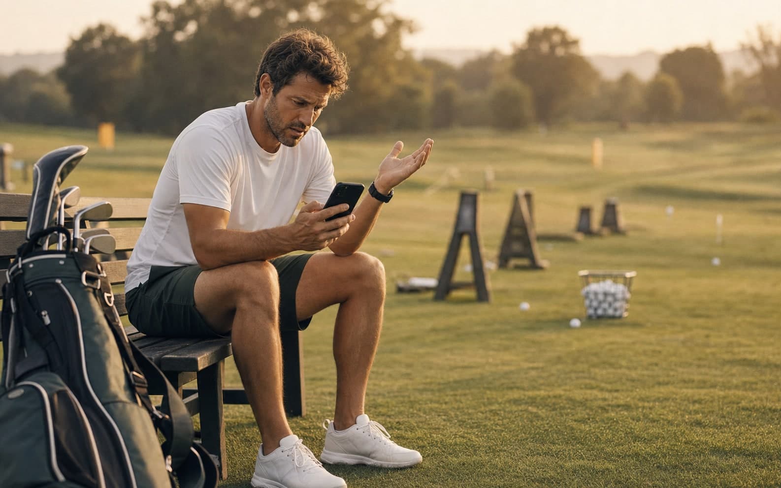 Golf coach checking messages beside a driving range