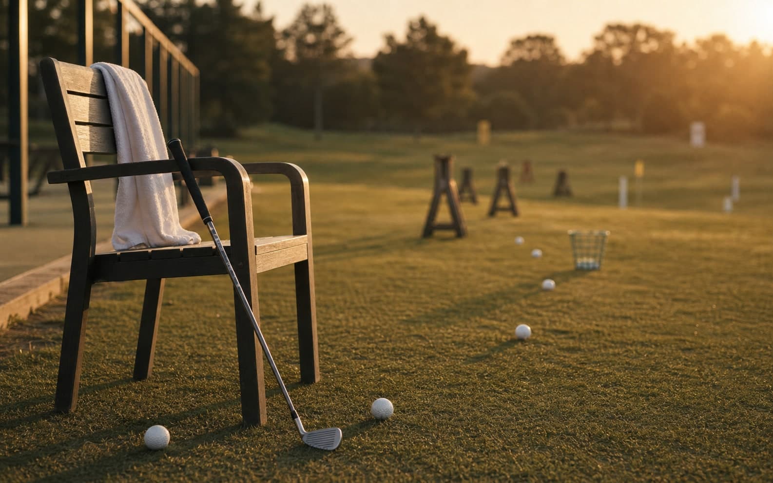 Empty golf range bay with clubs waiting