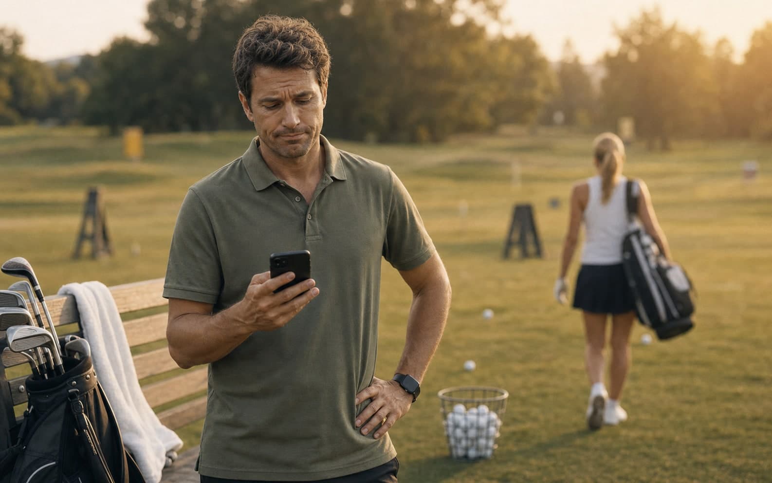 Golf coach finishing a private lesson at the range