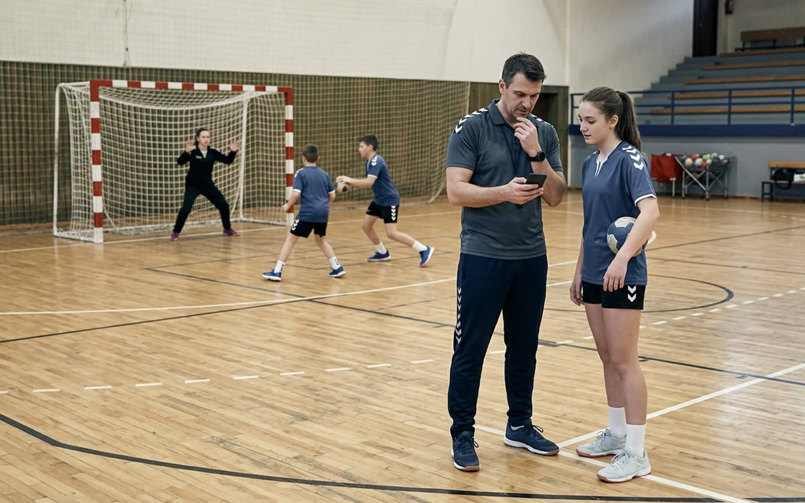 Handball-Coach prüft Nachrichten in der Handballhalle