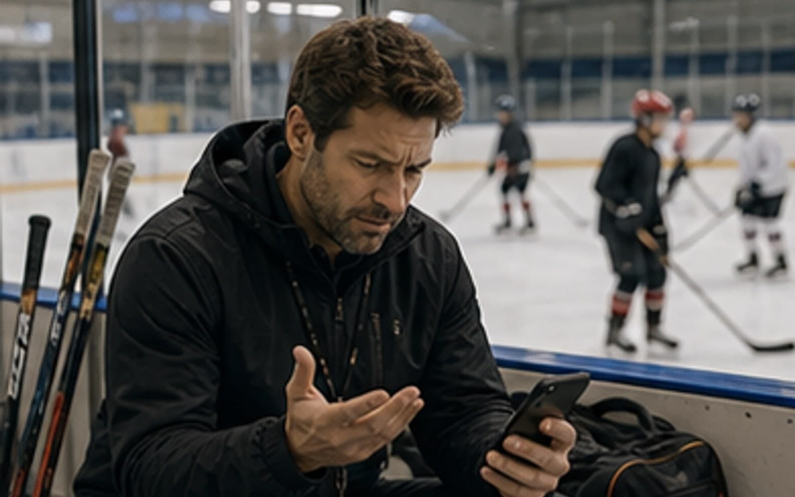 ice hockey coach checking messages in a rink setting