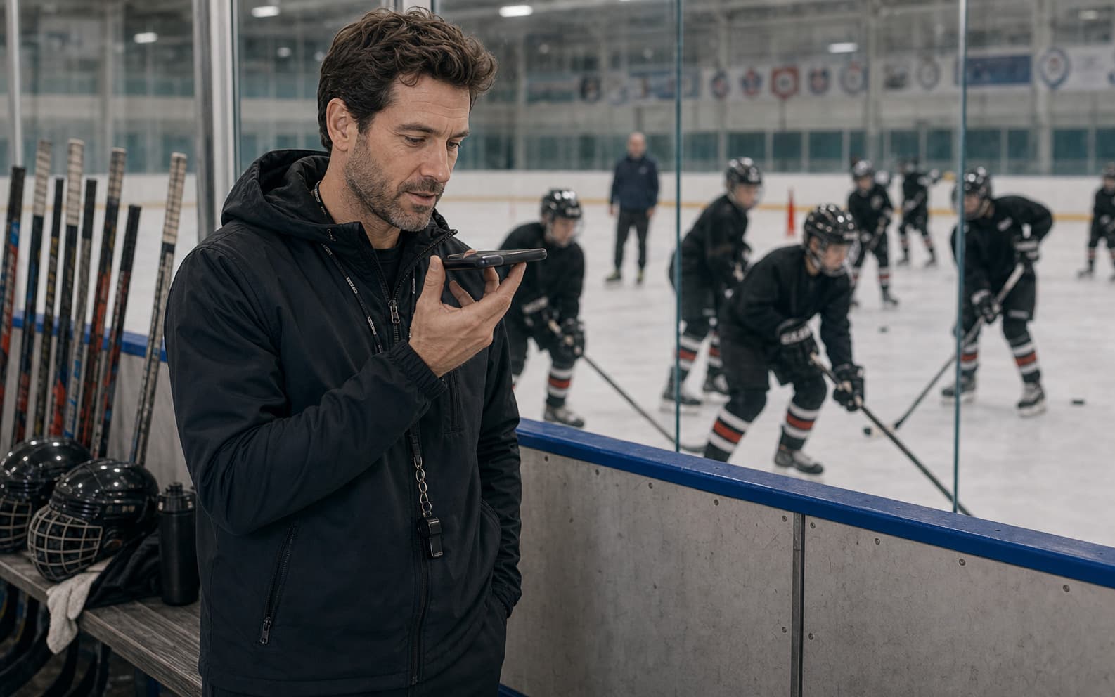 ice hockey coach dictating notes into a phone after the session
