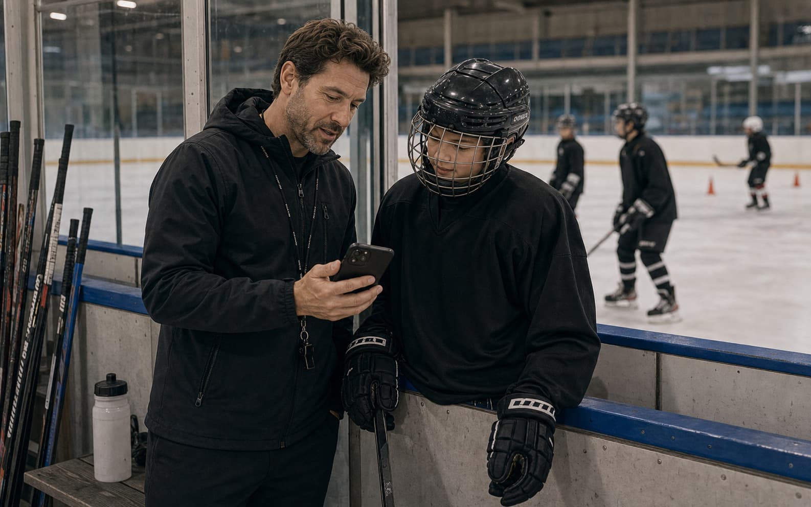 ice hockey coach in a rink setting