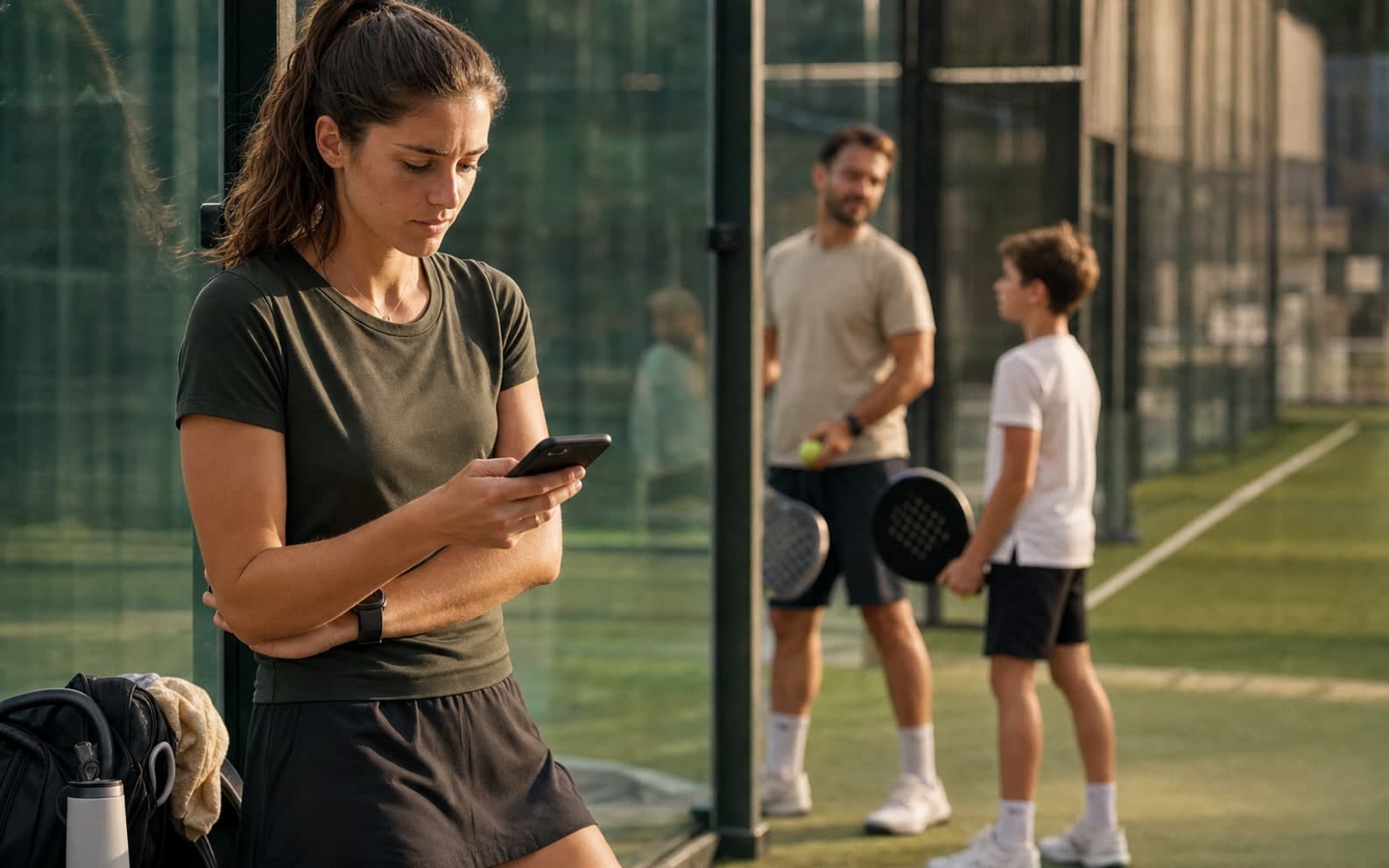 Padel-Coach prüft Nachrichten neben einem Glascourt