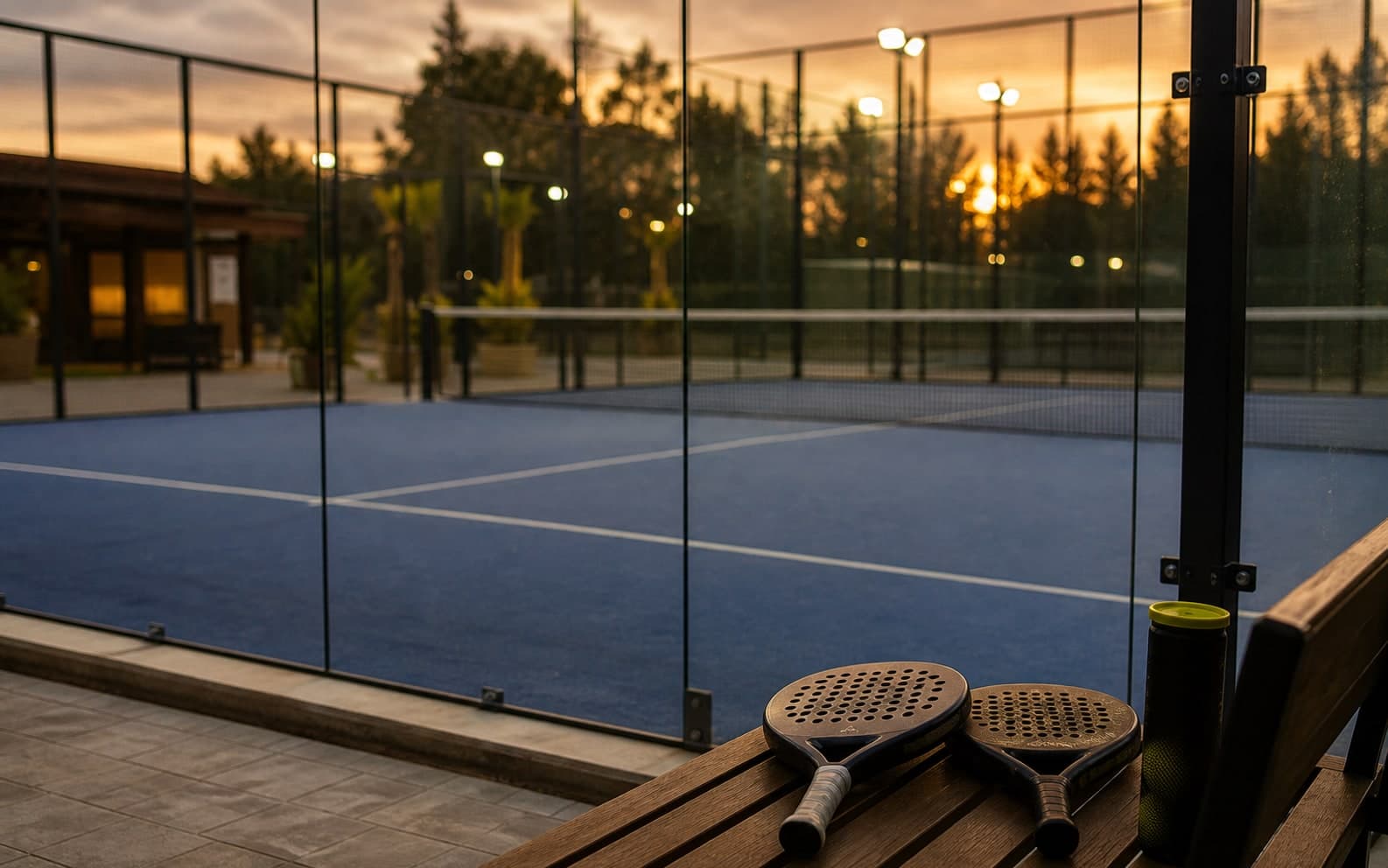 Leerer Padelcourt mit wartenden Schlägern und Bällen