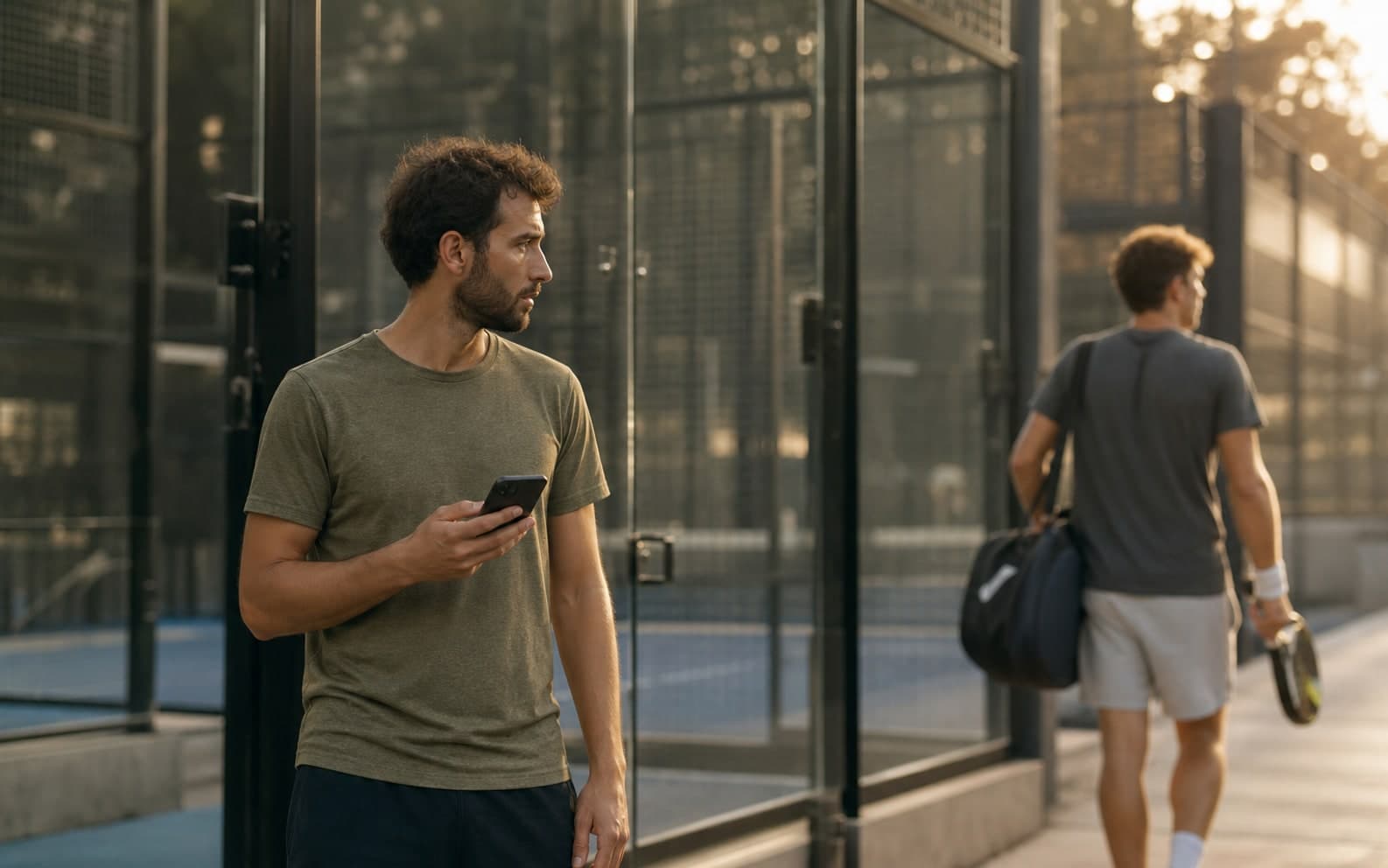 Padel-Coach prüft nach einer Einzelstunde das Handy