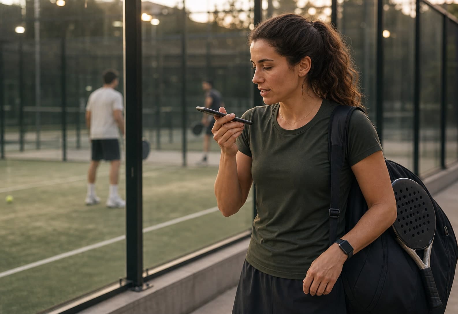 Padel-Coach diktiert Session Notes neben einem Glascourt ins Handy