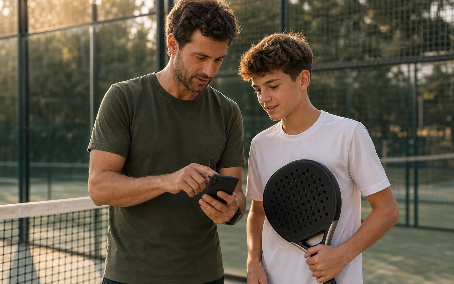 Padel-Paketstand auf einem Handy neben dem Court