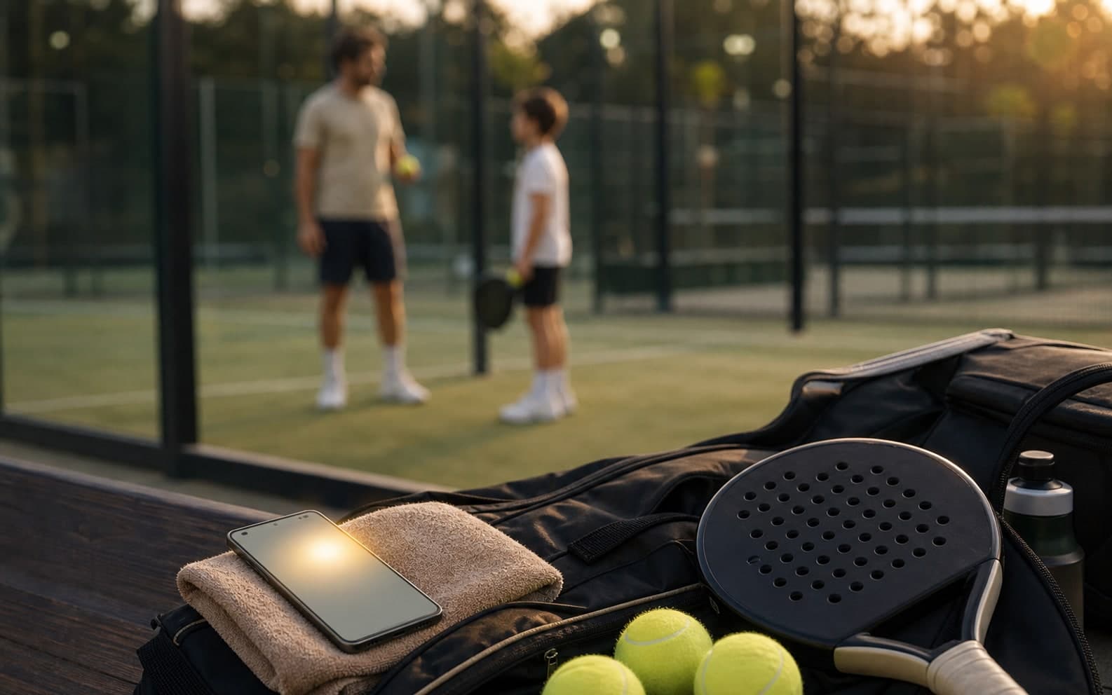 Smartphone mit einer Padel-Session-Erinnerung auf einer Bank