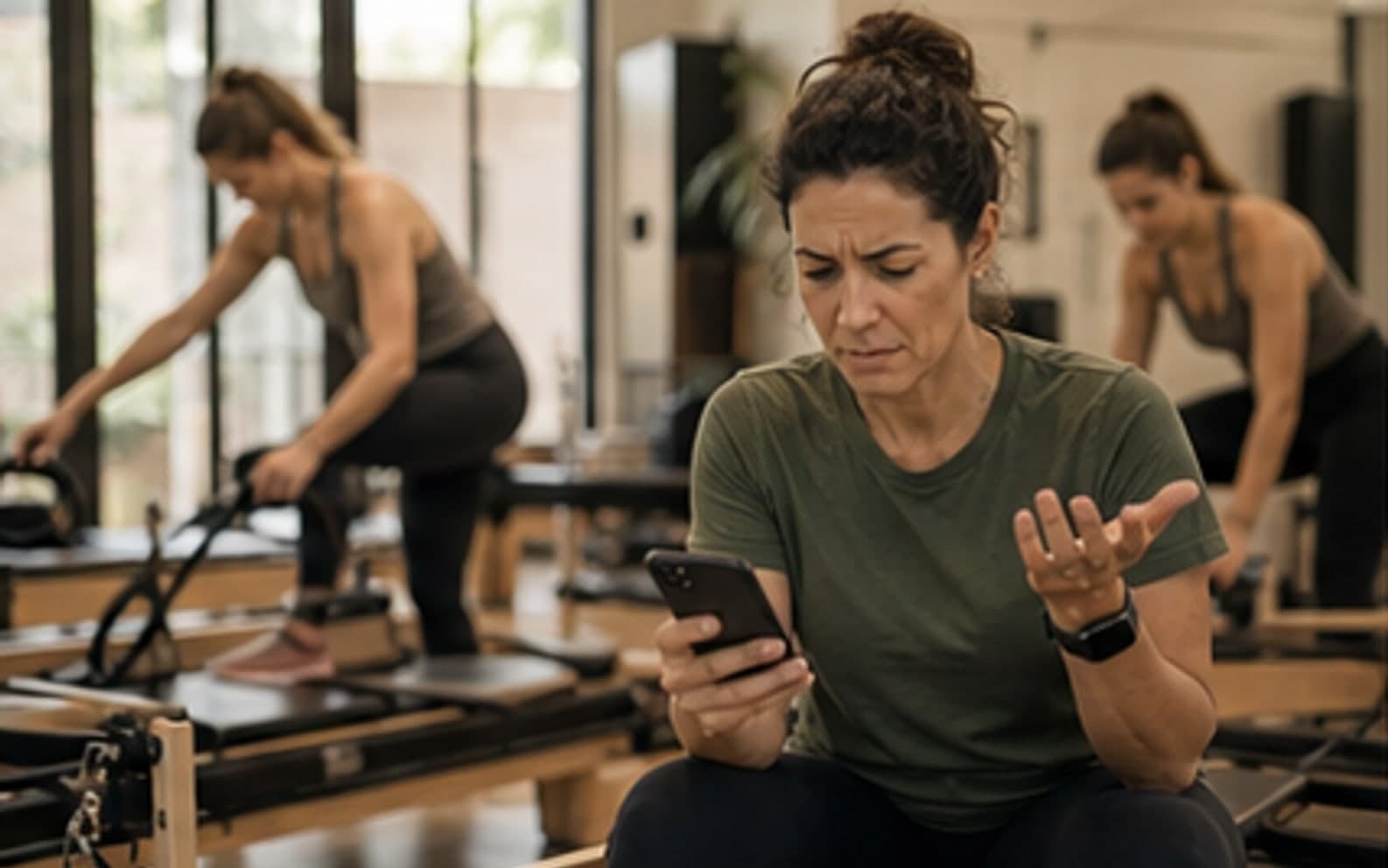 Pilates-Coach prueft Nachrichten im Studio-Umfeld