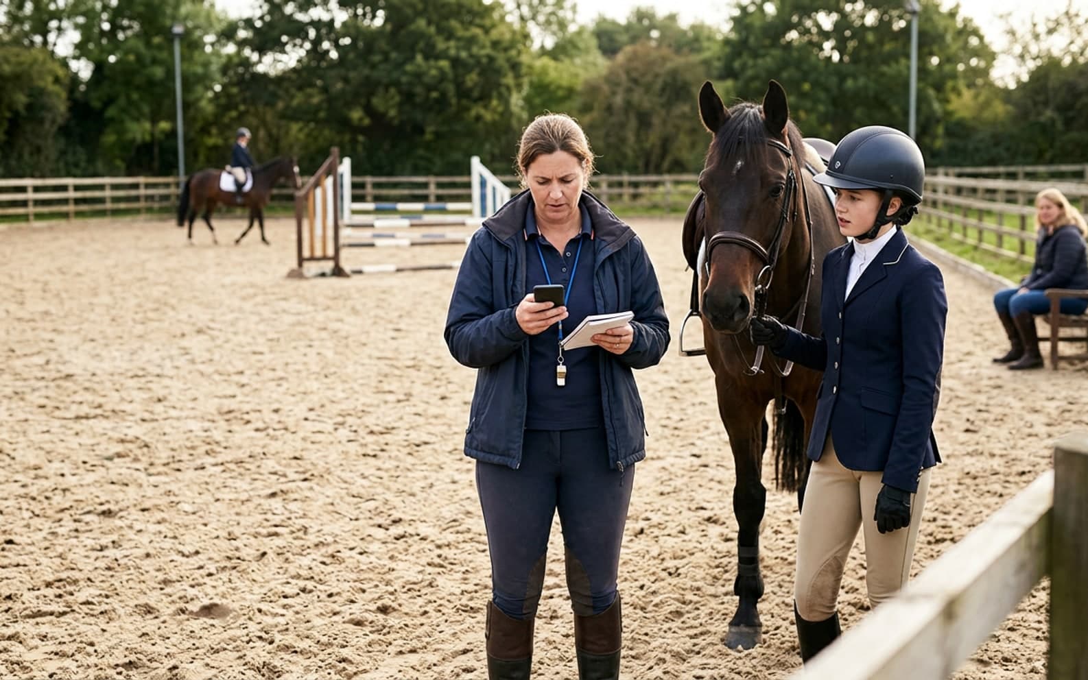 riding coach checking messages in the riding arena