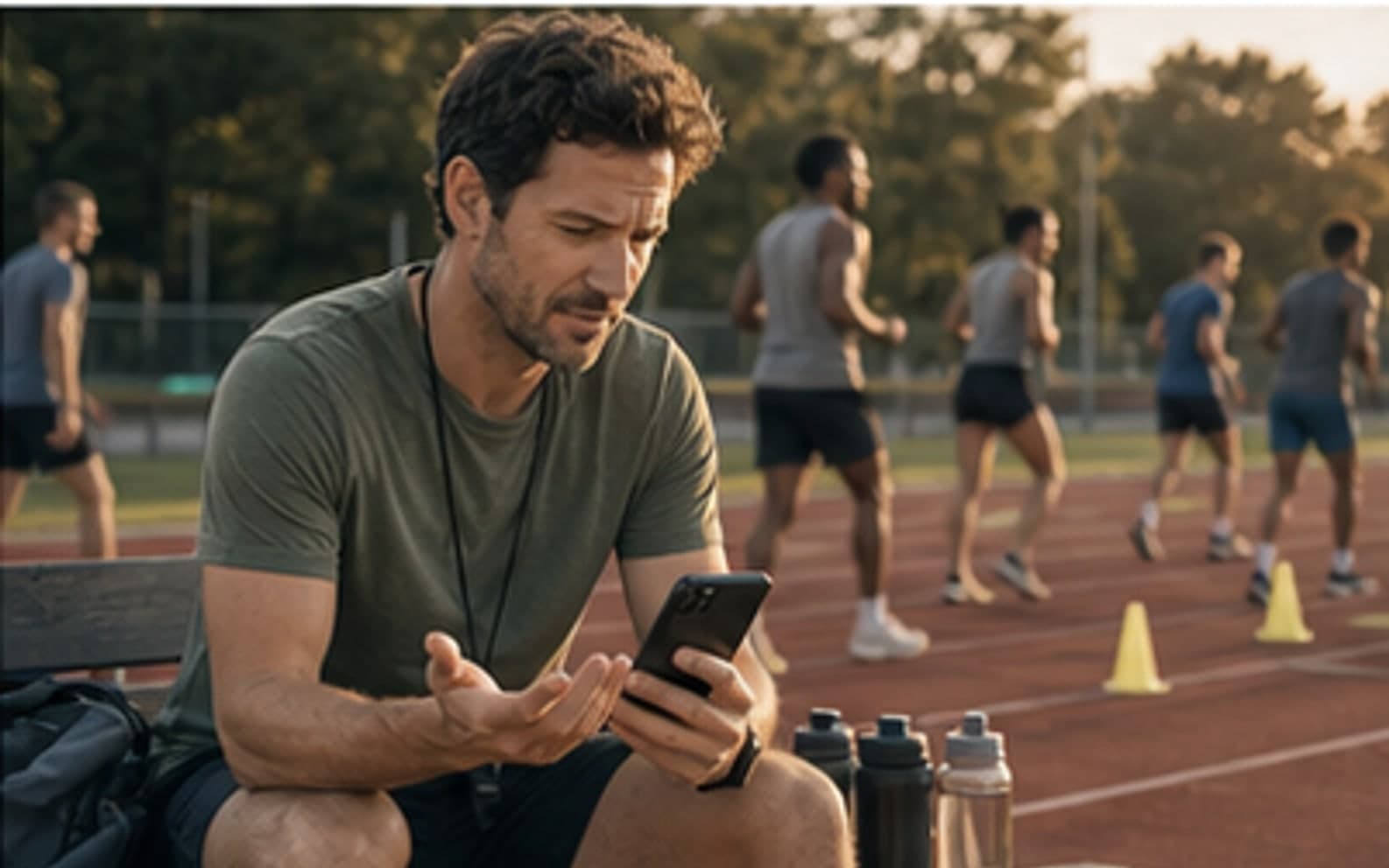 running coach checking messages in a track setting