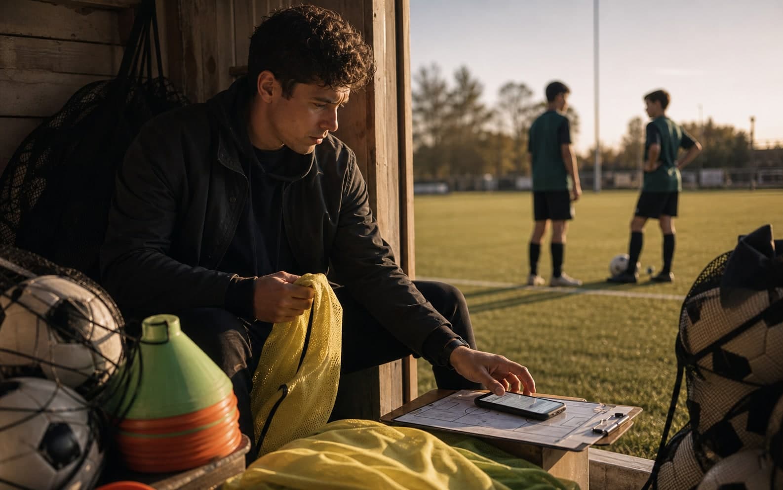 Soccer coach checking messages beside a training pitch