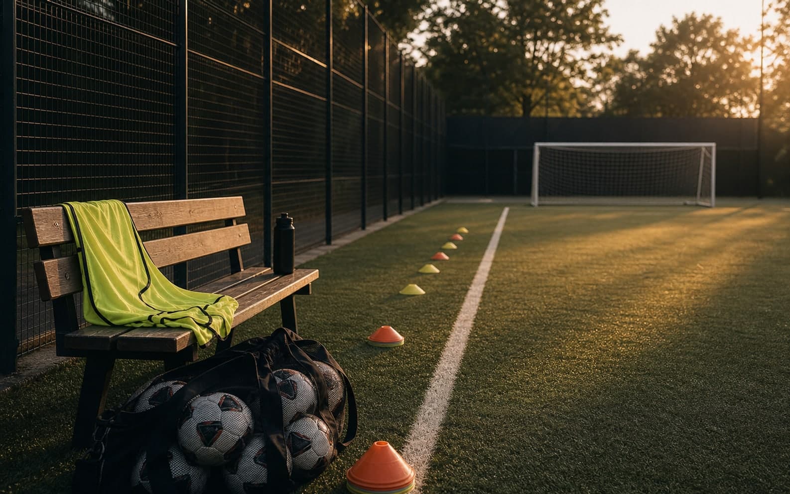 Empty soccer training pitch with cones waiting