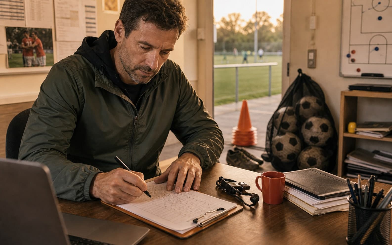 Notebook with soccer training pack tally marks on a pitch bench