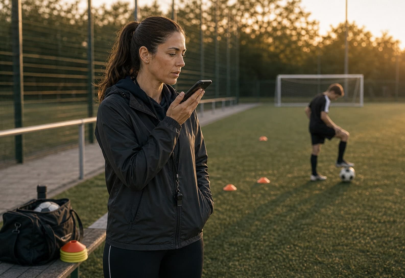 Soccer coach dictating notes into a phone after training