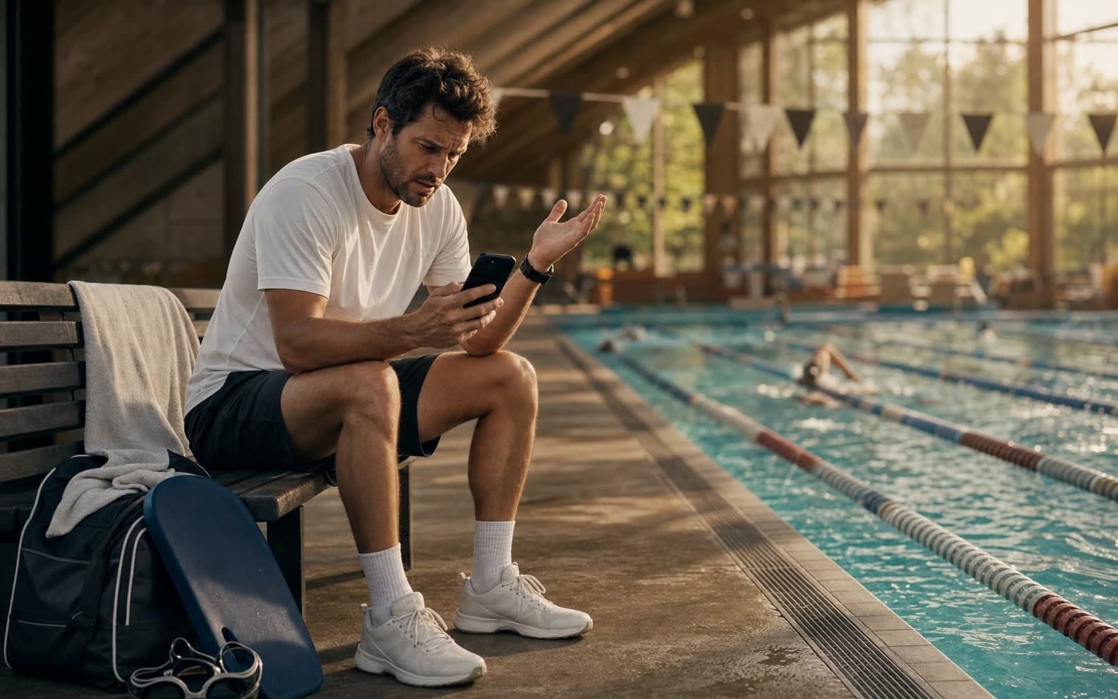 Schwimmcoach prüft Nachrichten neben einem Hallenbad