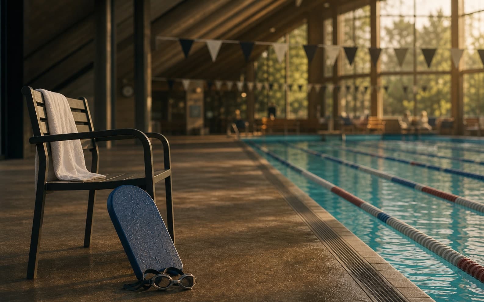 Leere Schwimmbahn mit wartendem Kickboard