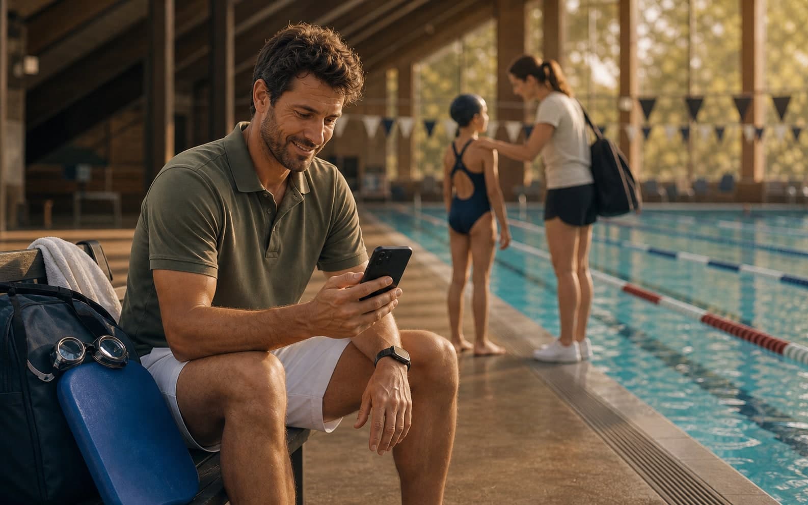 Schwimmcoach am Beckenrand mit Kickboard