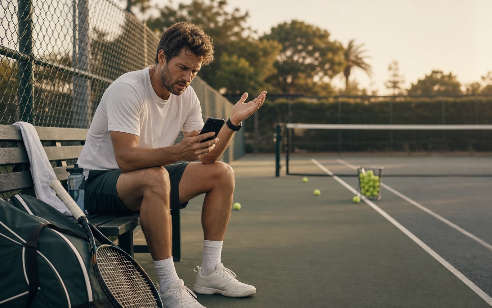 Tennis coach checking messages beside a court