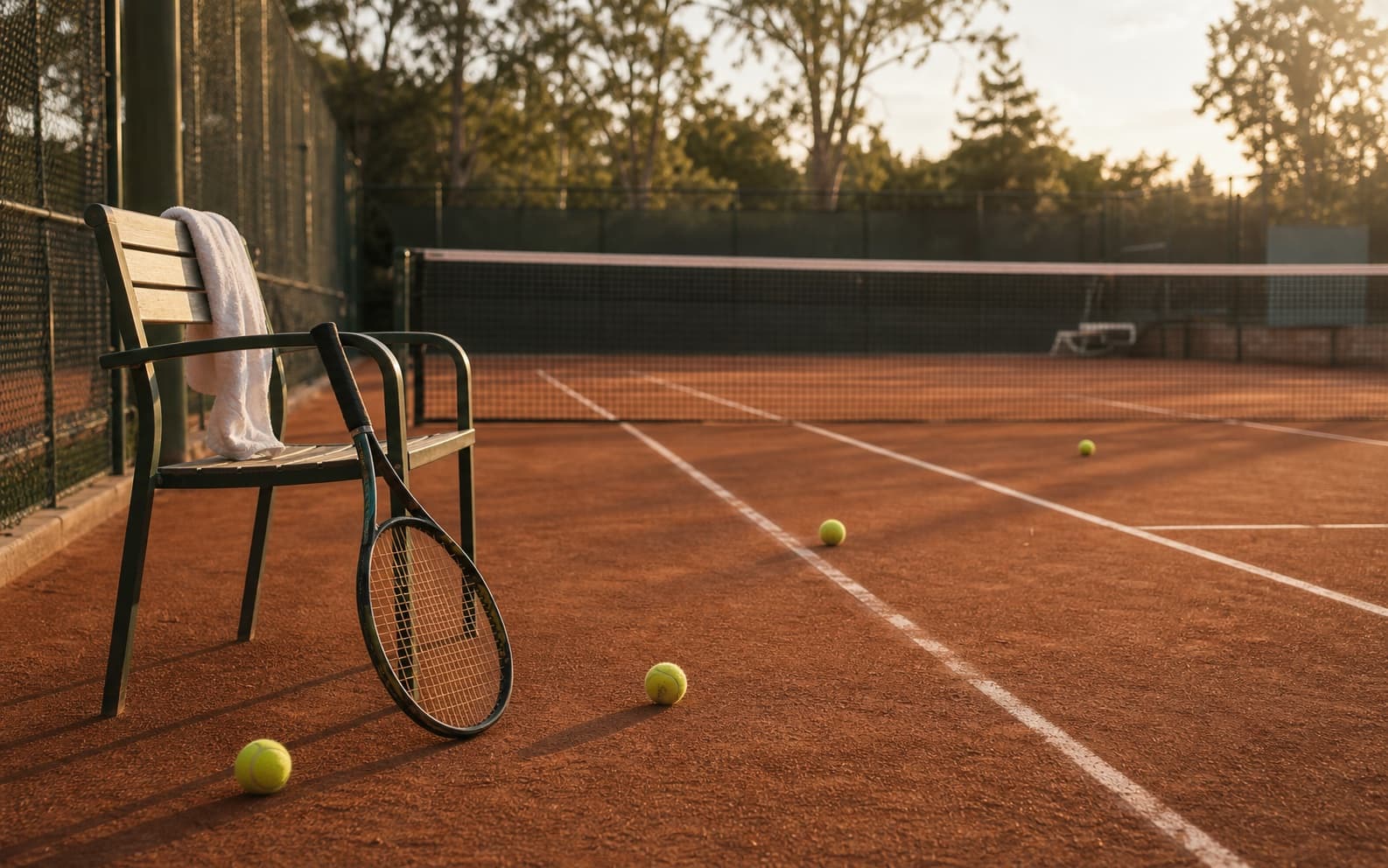 Empty tennis court with a racket and chair