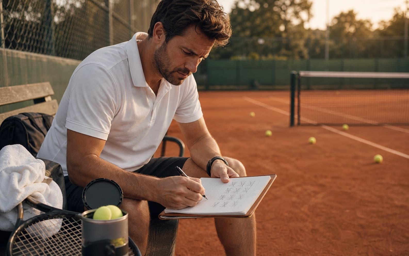 Notebook with tennis package tally marks on a court bench