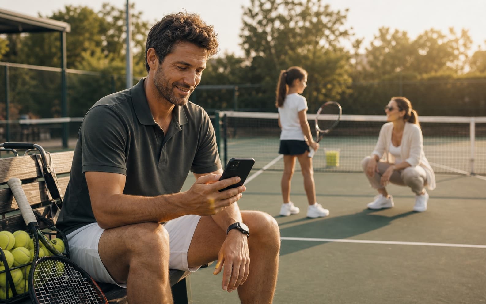 Tennis coach on a clay court holding a racket