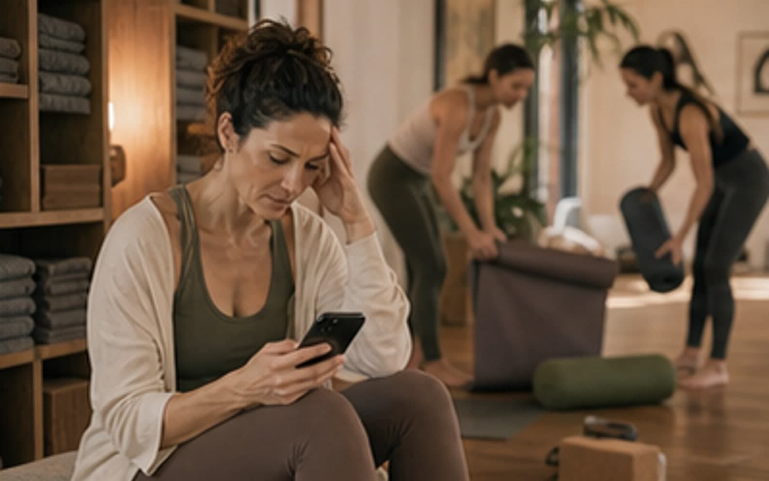 Yoga-Coach prueft Nachrichten im Studio-Umfeld