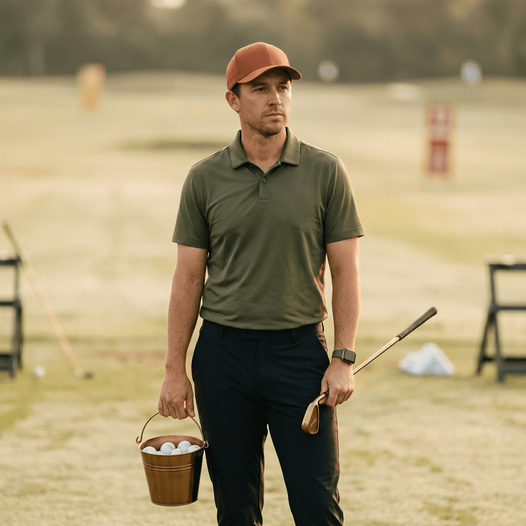 Golf-Coach auf der Driving Range im Abendlicht