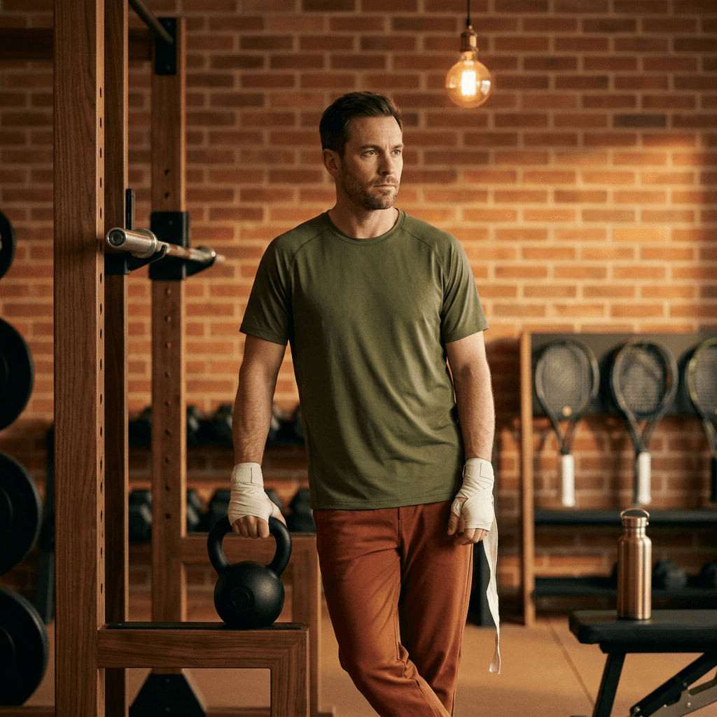 Personal Trainer im warmen Studio mit Kettlebell