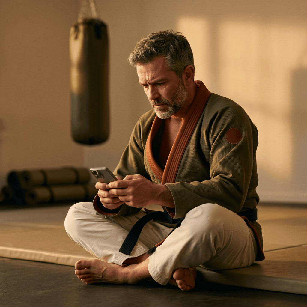 Fitness-Coach schaut müde auf eine offene Rechnung am Handy