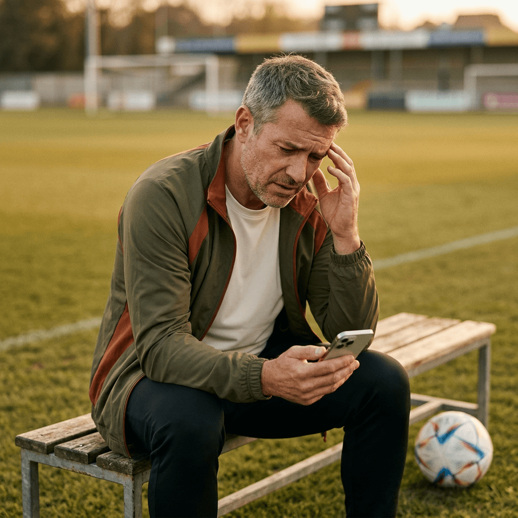 Tennis coach scrolling through chaotic chat messages courtside