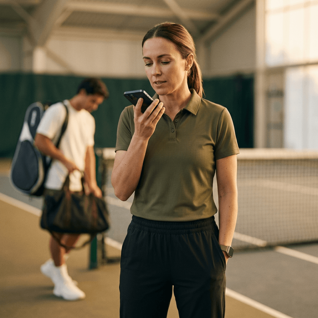 Tennis coach giving feedback to players after a session