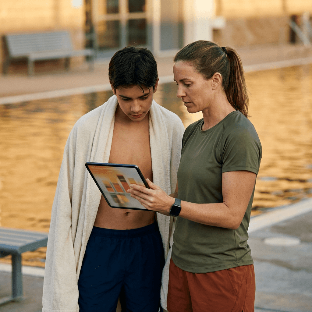 Schwimmtrainer zeigt Schüler den aktuellen Paket-Stand am Tablet