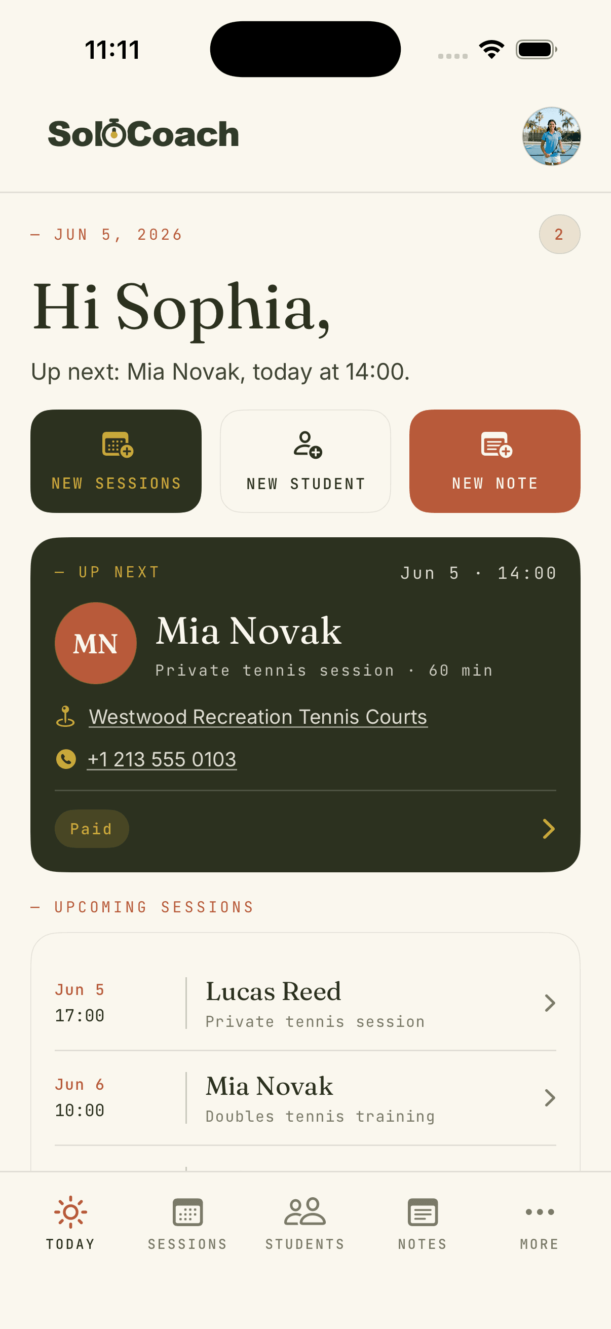 Coach app: Today overview with upcoming sessions