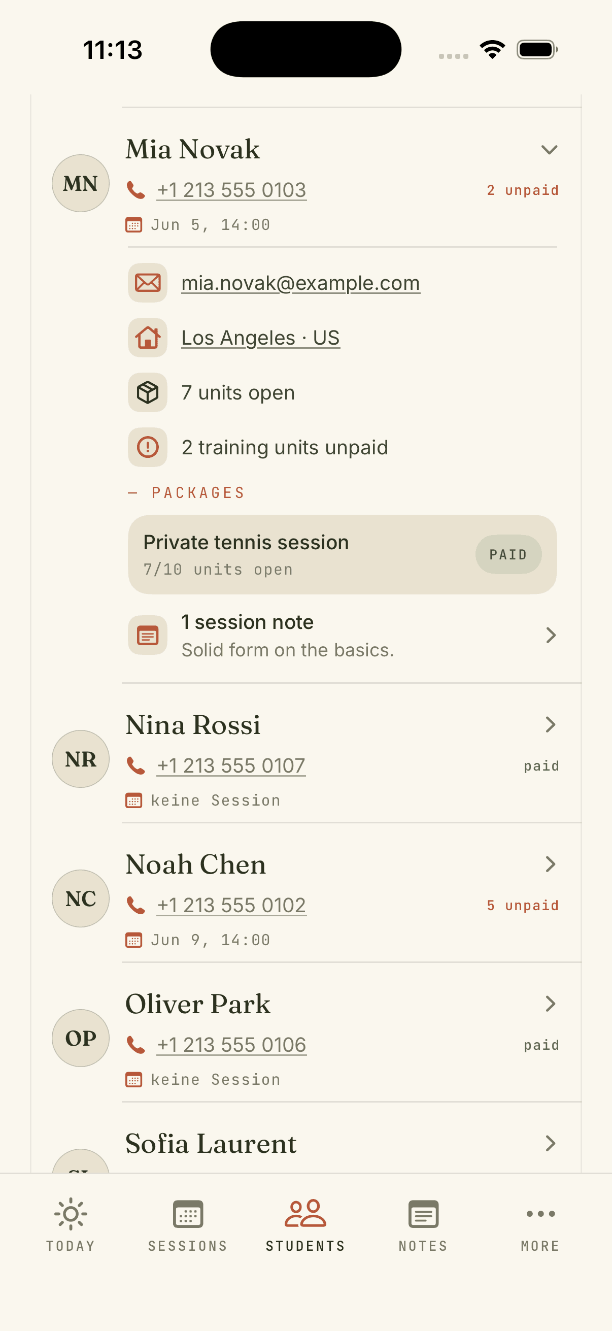 Coach app: students and packages overview