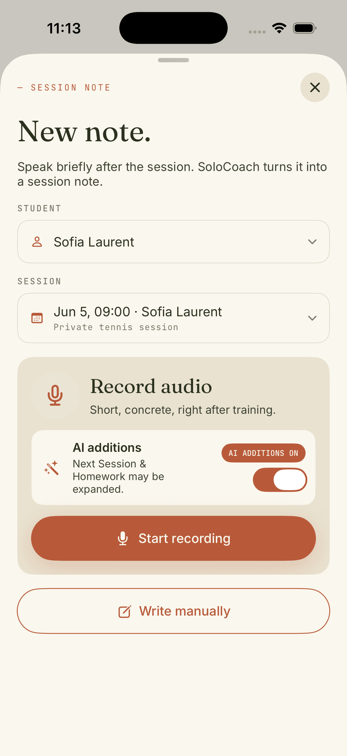 Coach app: record an audio note, the AI turns it into a session note, plan and homework